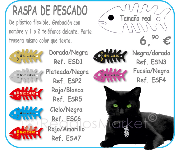 Placa de identificación para gatos en forma de raspa de pescado